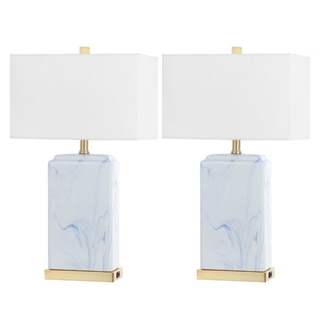 Chloe 24.5" Modern Coastal Iron/Marbled Ceramic LED Table Lamp with USB Charging Port - JONATHAN Y
